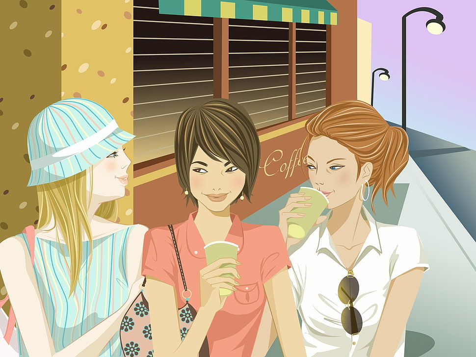 three woman character drinking photo HD wallpaper