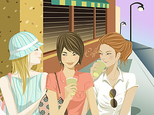 three woman character drinking photo