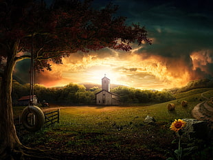 painting of sunflower, nature, landscape, digital art, sky