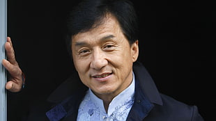men's blue button-up shirt, Jackie Chan, actor