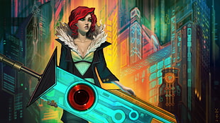 red haired female holding futuristic large sword digital wallpaper, Transistor, Red (Transistor)