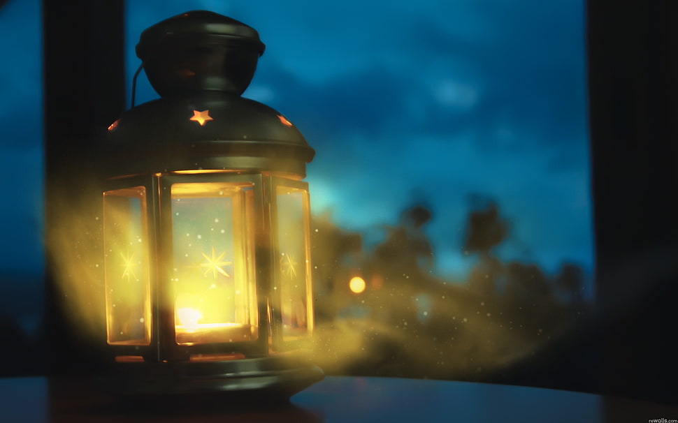 gray lantern, window, night, lantern, stars HD wallpaper