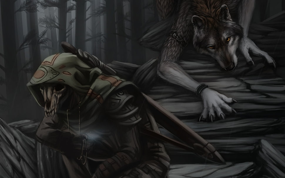 skull archer wearing hood illustration, creature, wolf HD wallpaper