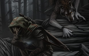 skull archer wearing hood illustration, creature, wolf