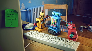 white corded computer keyboard, robot, toys, artwork, humor HD wallpaper