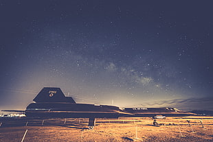 black aircraft, night, sky, aircraft, starry night HD wallpaper