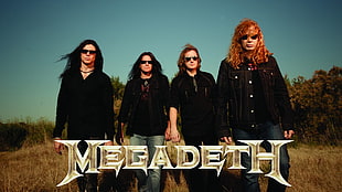 Megadeth band with text overlay, Megadeth, thrash metal, metal music, men
