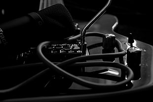 condenser microphone and electric guitar, music, guitar, musical instrument, monochrome