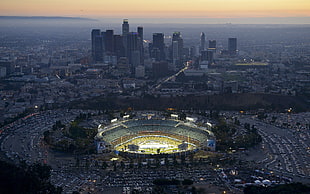 aerial photography of stadium, city, cityscape, skyscraper, stadium HD wallpaper
