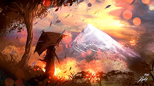 illustration painting of person with umbrella facing mountain