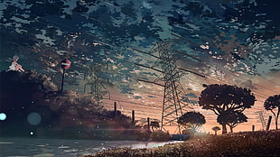 gray electricity tower, anime, artwork, power lines, sunset