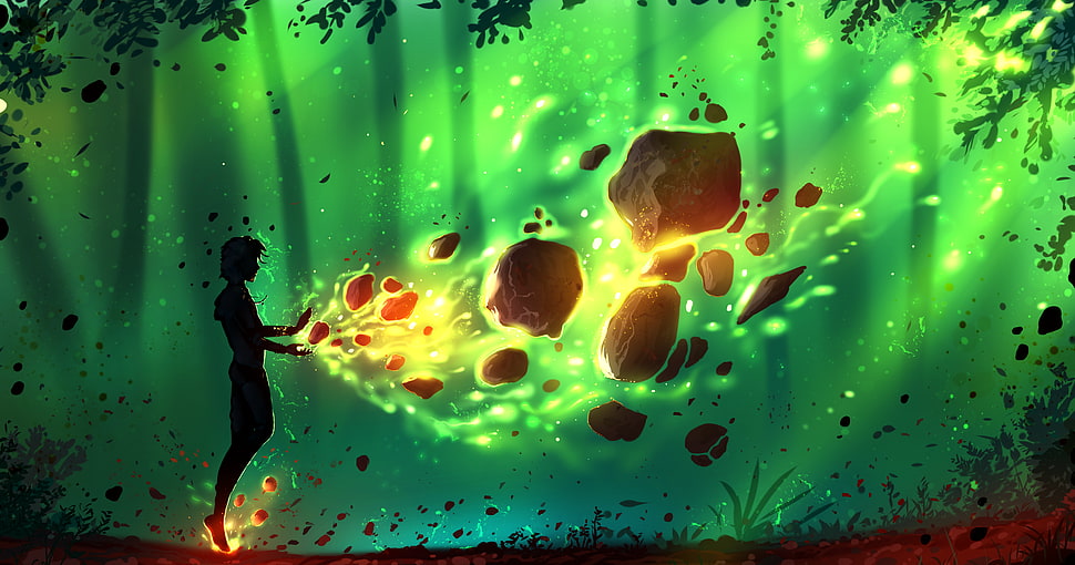 anime character poster, green, fire, men, artwork HD wallpaper