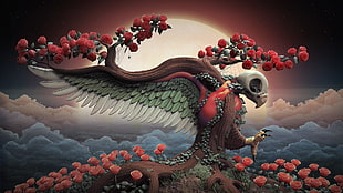 red and brown bird illustration, birds, trees, skull, rose HD wallpaper