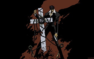 male anime character leaning on cross wallpaper, Trigun, Nicholas D. Wolfwood, gun, machine gun HD wallpaper