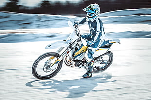 white motocross bike, Motorcyclist, Speed, Snow