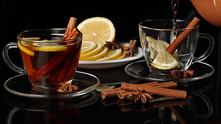 cinnamon sticks and slice of lemons, food, drink
