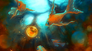 fish underwater painting, artwork, bubbles, fish, goldfish