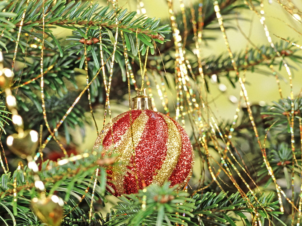 depth of field photography of red and gold-colored bauble HD wallpaper
