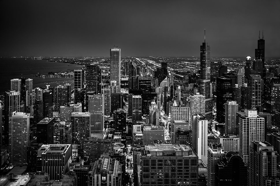 grayscale photography of high rise buildings, chicago HD wallpaper