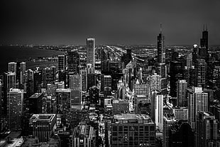 grayscale photography of high rise buildings, chicago