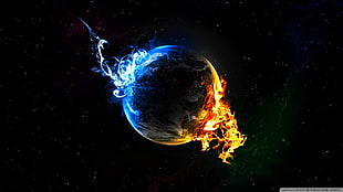 earth water and fire digital wallpaper, fire, space art