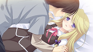 male and female anime character lying on bed