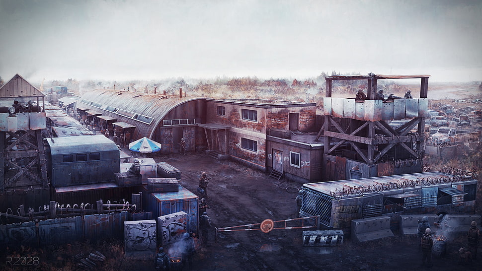gray train illustration, artwork, apocalyptic, ruins, city HD wallpaper