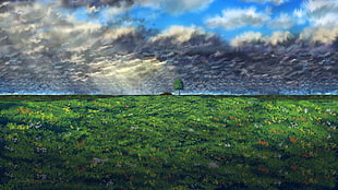 green grass field painting, nature, clouds, horizon, artwork