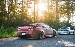 red coupe, Stance, Skyline R34, Nissan Silvia S14, Sun