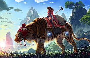 woman riding tiger character illustration, tiger, anime girls, China, anime HD wallpaper