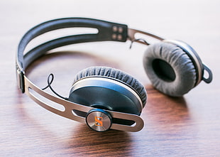 black and gray corded headphones, Sennheiser, music, headphones