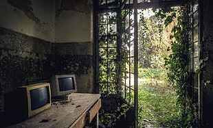 two white CRT computer monitors, old building, monitor, door HD wallpaper