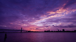 silhouette of bridge and buildings, Photoshop, sky, bridge, purple HD wallpaper