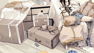 woman anime lying on luggage photo