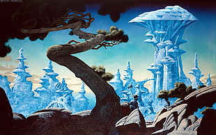 tree and castle wallpaper, digital art, fantasy art, Roger Dean, nature