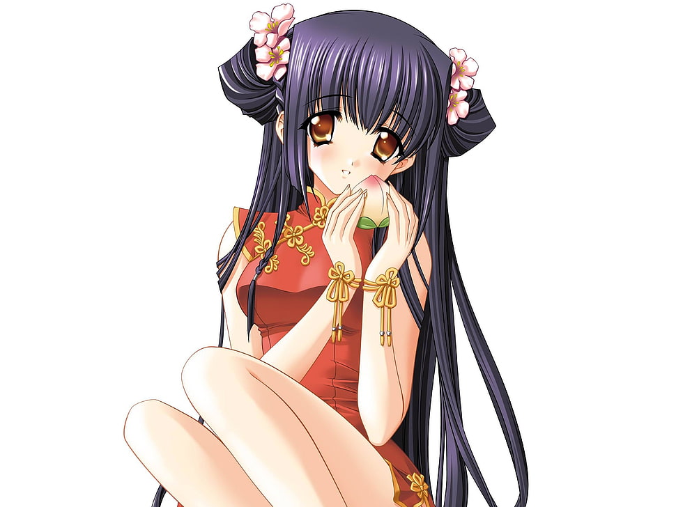 female anime wearing red japanese traditional dress digital wallpaper HD wallpaper