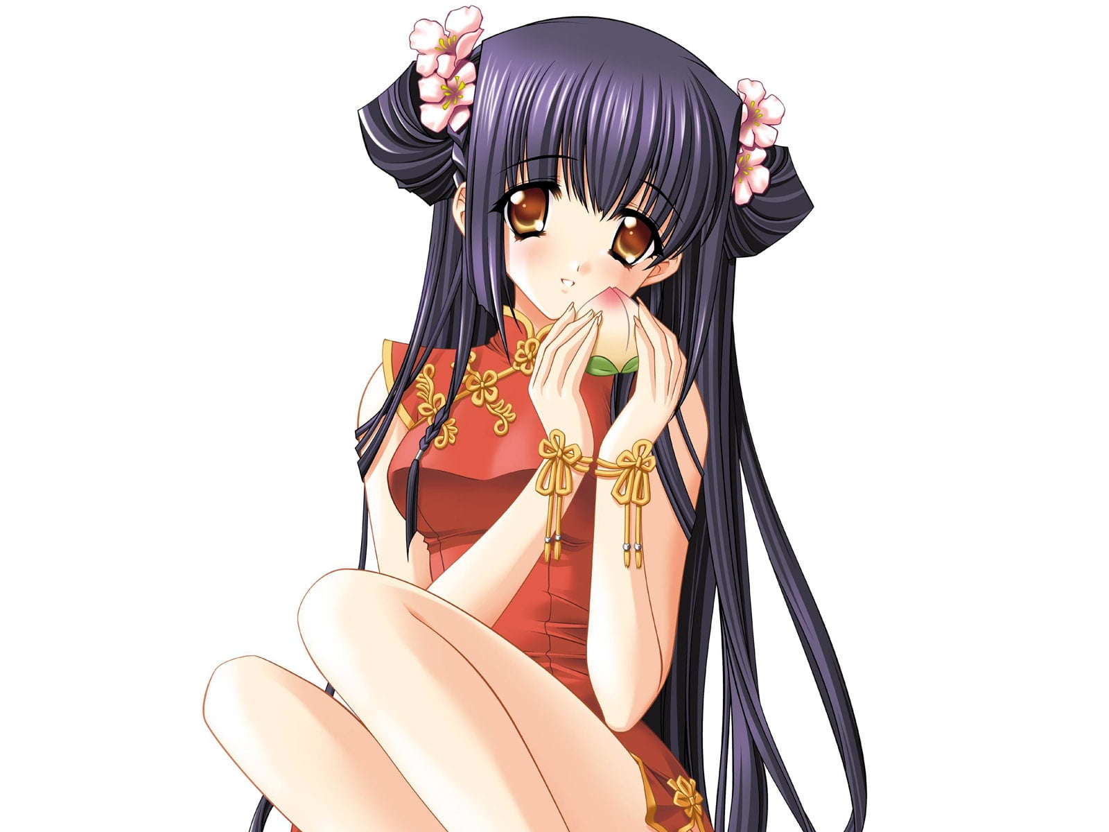female anime wearing red japanese traditional dress digital wallpaper