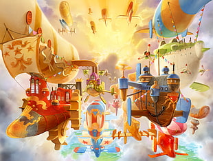 flying transportation digital artwork, Spineworld, fantasy art, airships, steampunk