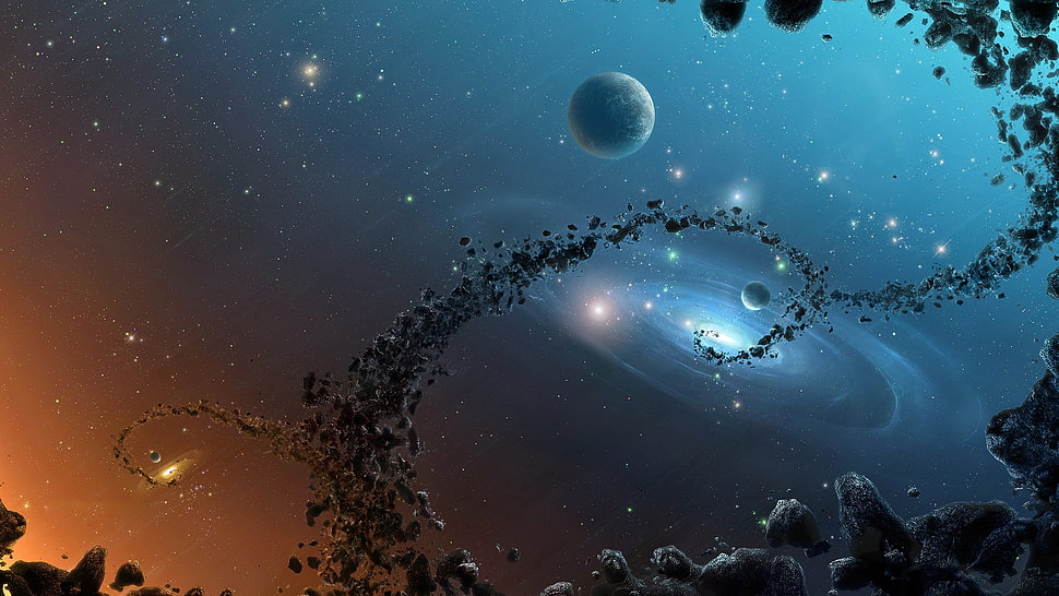 gray planet, render, space, galaxy, Moon HD wallpaper
