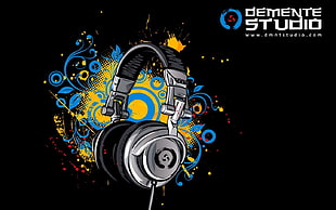 Demente Studio headphones advertisement, headphones, digital art, music, simple background