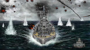 battleship on top of body of water painting