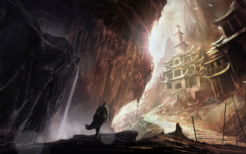 Assassin's Creed game scene illustration, artwork, digital art, fantasy art, mountains HD wallpaper