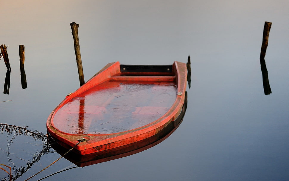 pink boat, boat, water, ice, reflection HD wallpaper