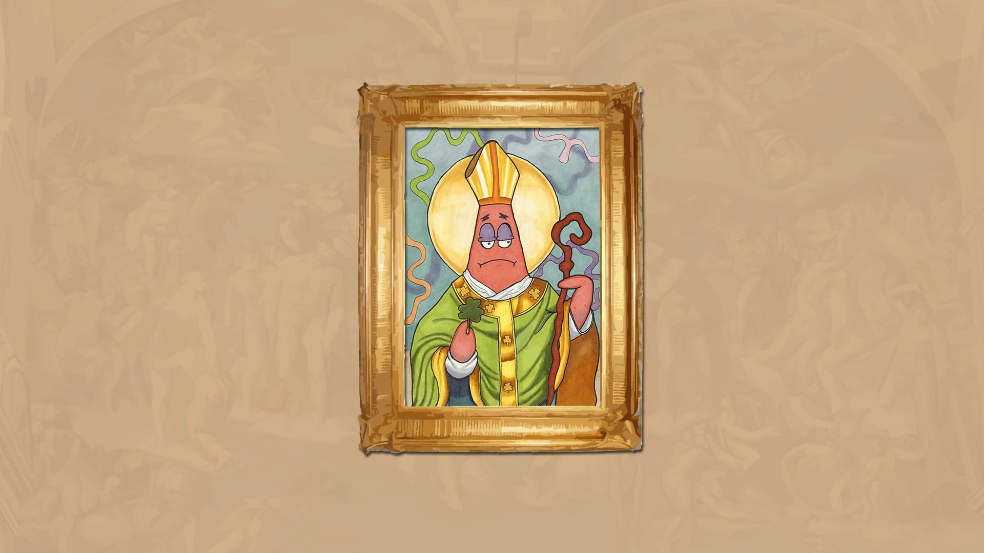 brown framed painting of Patrick Starfish, pope, humor, Patrick Star