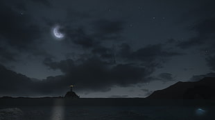 mountain silhouette, Final Fantasy XIV: A Realm Reborn, sea, night, lighthouse HD wallpaper
