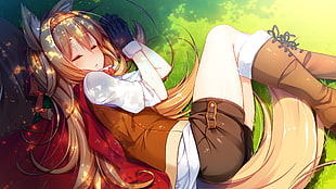 female anime character lying on ground at daytime illustration