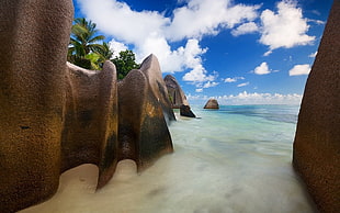 brown boulders, landscape, nature, beach, rock