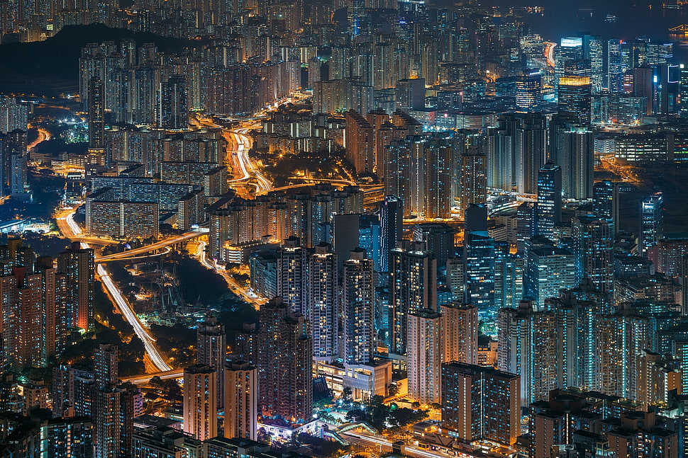 aerial view photography of highrise building, cityscape, city lights, Hong Kong HD wallpaper