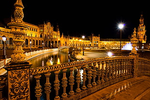 ancient palace, city, night, Sevilla, Spain
