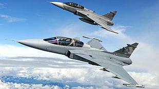 two gray fighter planes, army, JAS-39 Gripen, saab, Swedish Air Force HD wallpaper
